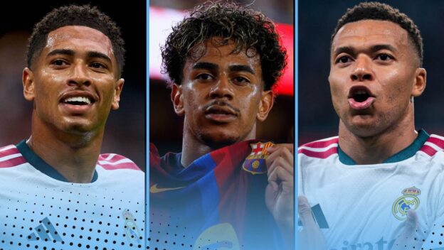 Jude Bellingham, Lamine Yamal and Kylian Mbappe