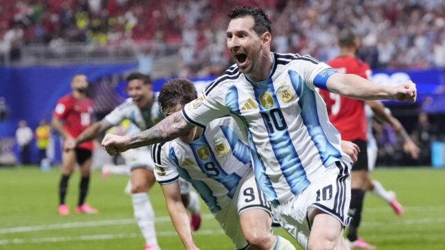 Lionel Messi of Argentina celebrates his goal 2-2 during the FIFA World Cup 2026, Round of 16 football match between Argentina and Egypt on 7 July 2026 at Mercedes-Benz Stadium in Atlanta, Georgia, United States