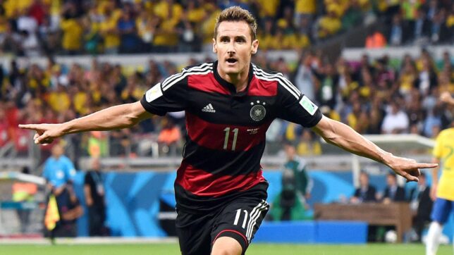 Germany's forward Miroslav Klose celebrates after scoring the team's second goal in the first half of the semifinals of the World Cup match against Brazil at Mineirao Stadium in Belo Horizonte, Brazil on July 8, 2014. 36-year-old Klose became the top player to net his 16th World Cup career goal, breaking the record he had shared with Brazil's Ronaldo.