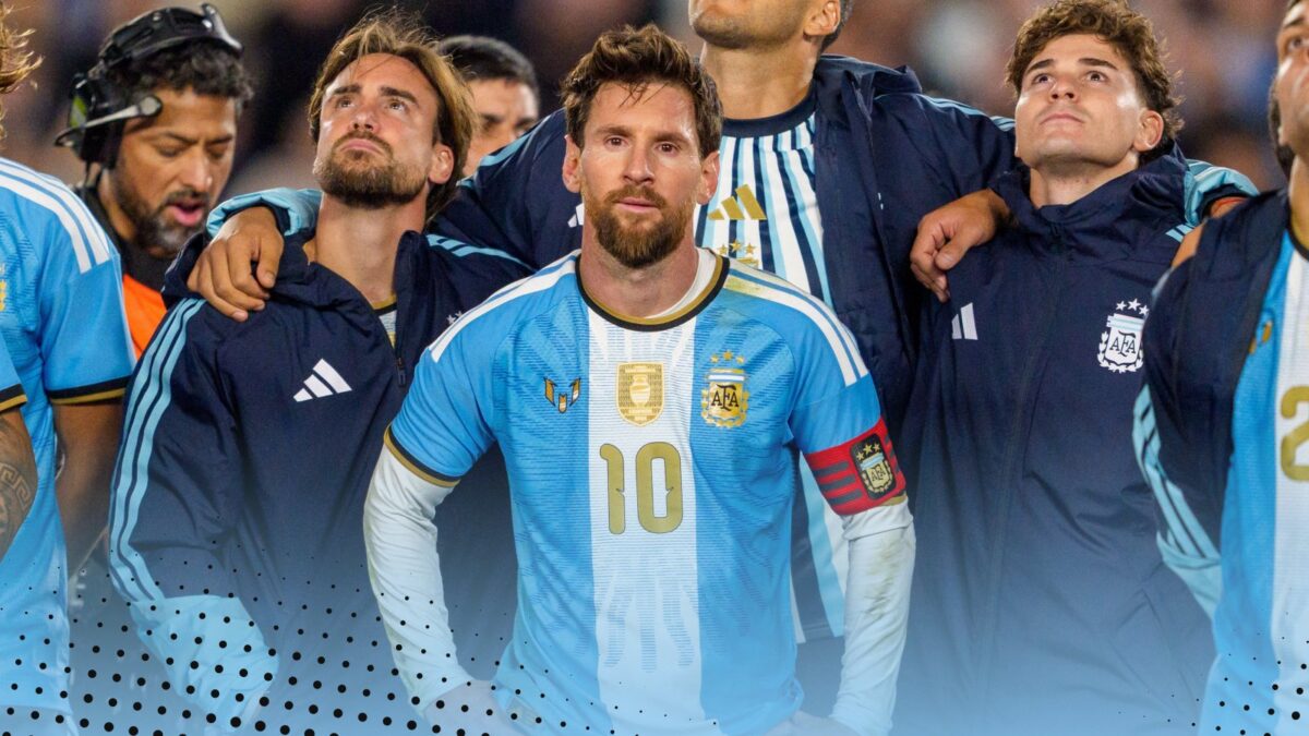 BUENOS AIRES, ARGENTINA - OCTOBER 6: Nicolas Tagliafico #3, Lionel Messi #10, Geronimo Rulli #12 and Julian Alvarez #9 of Argentina watch a drone light show after a game between Benin and Argentina at Estadio Monumental on October 6, 2026 in Buenos Aires, Argentina