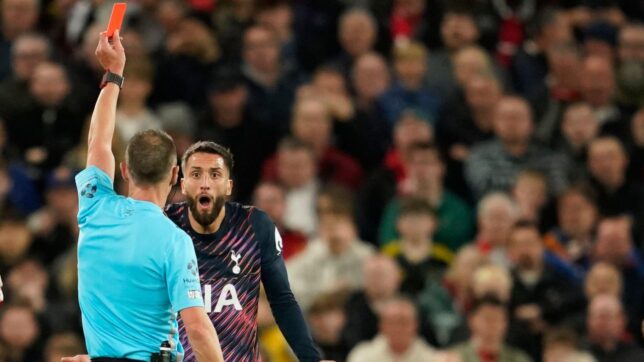 Tottenham's Rodrigo Bentancur is shown the red card during the English Premier League soccer match between Manchester United and Tottenham Hotspur in Manchester, England, Saturday, Oct. 10, 2026.