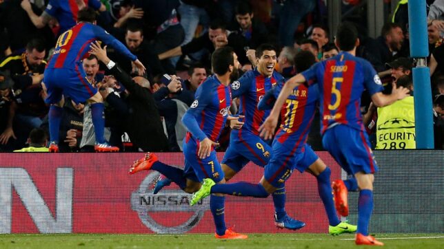 Barcelona players celebrate after making it 6-1 against PSG in 2017.