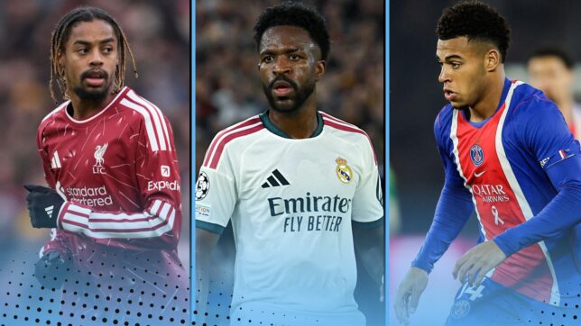 Desire Doue of Paris Saint-Germain, Vinicius Junior of Real Madrid and Liverpool's Bradley Barcola