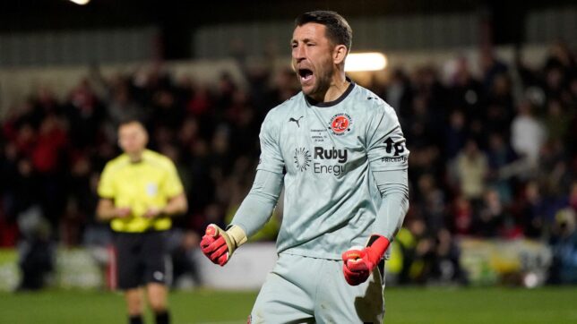 Fleetwood, UK. 27th Oct, 2026. Jay Lynch of Fleetwood Town celebrates having the penalty of Bruno Guimarães of Arsenal during the Fleetwood Town vs Arsenal Carabao Cup match at Highbury Stadium, Fleetwood.